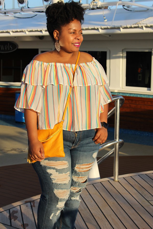 ASOS Ruffle Off The Shoulder In Rainbow Stripe 